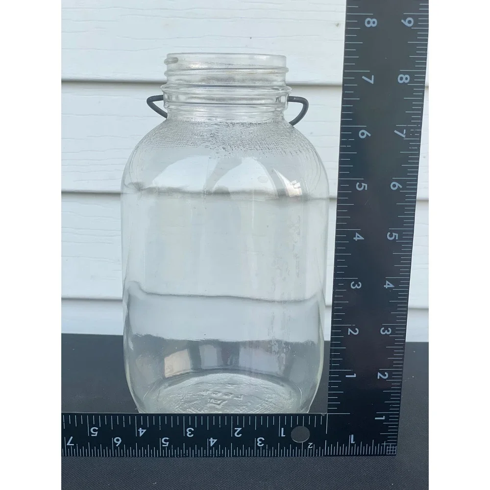 Hazel-Atlas Vintage Glass Jar with Wire Bail Handle Clear Pebbled Shoulder 8in